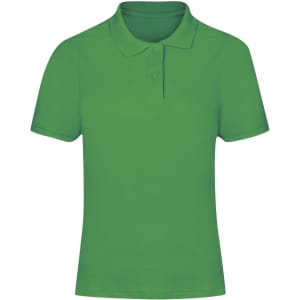 A green polo shirt with a collar and three buttons, featuring a logo on the side.