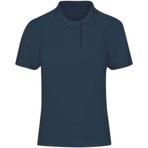 A navy blue women's polo shirt with a classic collar and short sleeves, featuring a logo.