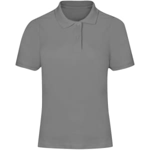 A grey polo shirt for women featuring a classic collar and three buttons. The shirt also has a logo.