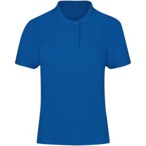 A blue women's polo shirt with a classic collar and three buttons, featuring a logo.