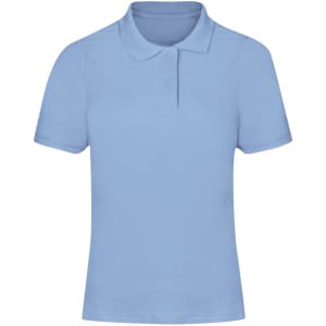 A light blue women’s polo shirt featuring a collar and three buttons, with a logo on the chest.