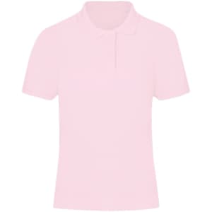 A pink polo shirt for women with a collar and short sleeves, featuring a logo on the chest.