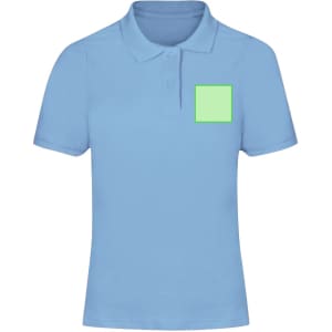 A light blue women's polo shirt featuring a square space on the upper left for branding. It includes a collar and buttons.
