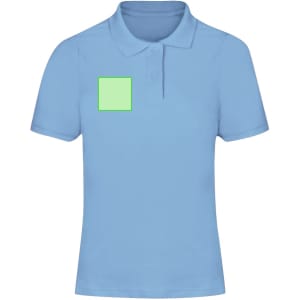 A light blue women's polo shirt featuring a blank area for branding or logos.