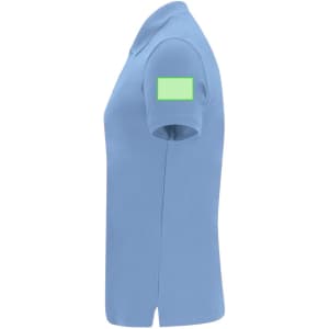 A blue polo shirt with a short sleeve and a green rectangular patch on the shoulder.