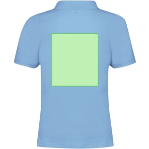 A light blue women's polo shirt with a square-shaped green area on the back and a logo present.