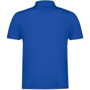 A blue kids' polo shirt with a classic design and a logo on the back. Short sleeves and a simple collar.