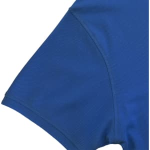 A blue polo shirt featuring short sleeves and a smooth fabric texture. It includes a logo on the chest area.