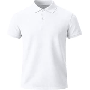 A white kids' polo shirt with a classic collar and three buttons, featuring a logo.