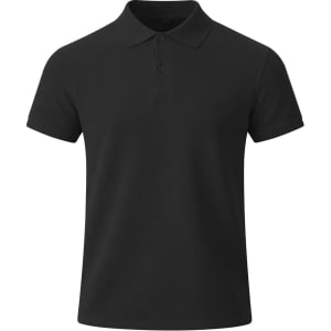 A black polo shirt featuring a collar and three buttons, with a small logo on the chest area.