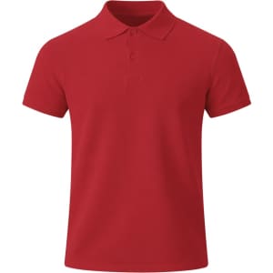A red polo shirt with a collar and three buttons, featuring a logo on the chest. Suitable for kids.