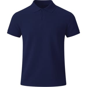 A navy blue kids' polo shirt with a classic collar and button placket, featuring a logo.