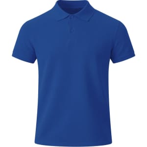 A blue polo shirt for kids featuring a classic collar and short sleeves, with a logo on the chest.
