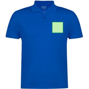 A blue kids' polo shirt featuring a square patch in a light green colour and a logo on the upper left side.