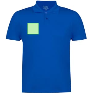 A blue polo shirt featuring a square patch in a light green hue. The shirt has a collar and a logo.