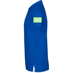 A blue kids' polo shirt featuring a plain green patch on the sleeve and a classic collar design.