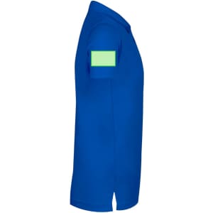 A blue kids' polo shirt featuring a green logo on the sleeve, showcasing a side view of the garment.