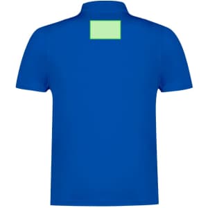 A blue polo shirt with a solid back and a small green panel at the top. The shirt features a logo.