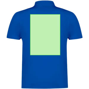 A blue polo shirt featuring a plain green area on the back, complete with a collar and short sleeves.
