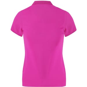 A pink women's polo shirt with a collar and short sleeves, featuring a branding logo.
