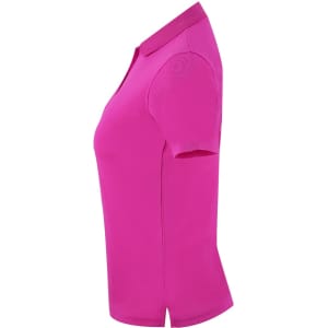 A pink women's polo shirt with short sleeves and a subtle logo on the shoulder.