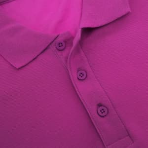 A vibrant purple polo shirt with a collar and button placket, featuring a logo on the chest.