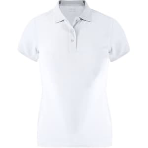A white women's polo shirt with a classic collar and a three-button placket, featuring a logo.