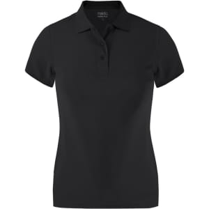 A black women's polo shirt featuring a collared neckline and short sleeves, with a logo on the chest.