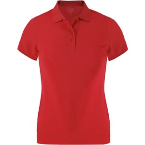 A red women's polo shirt featuring a classic collar and short sleeves, with a logo on the chest.