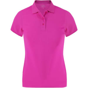 A vibrant pink women's polo shirt with a classic collar and short sleeves, featuring a logo.