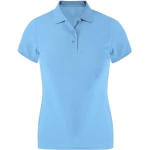 Light blue women's polo shirt with a classic collar and short sleeves, featuring a small logo.