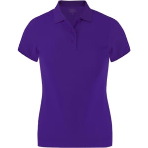 A purple women's polo shirt with a collar and three buttons, featuring a logo on the chest.