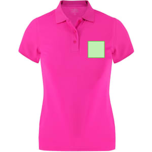 A pink women's polo shirt featuring a simple logo on the front left side.