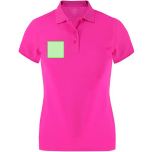 A bright pink women's polo shirt featuring a pocket and a logo on the chest area.