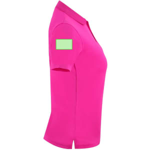 A pink women's polo shirt featuring a short sleeve and a logo on the left shoulder.