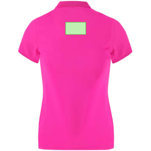 A vibrant pink women's polo shirt featuring a plain back with a logo area. Short sleeves and classic collar design.