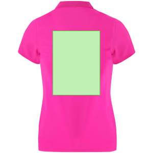A pink women's polo shirt featuring a blank green area on the back and a logo on the front.
