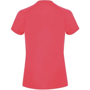 A bright coral women's t-shirt with short sleeves and a simple design. The back is visible without any logos.