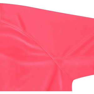 A bright pink women's t-shirt featuring short sleeves and a smooth fabric texture. It includes a logo.