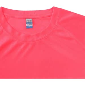 A bright pink women's T-shirt with a round neckline and a label showing size XXL. Includes branding.