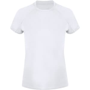 A white women's t-shirt with short sleeves and a fitted design. Includes a logo on the garment.