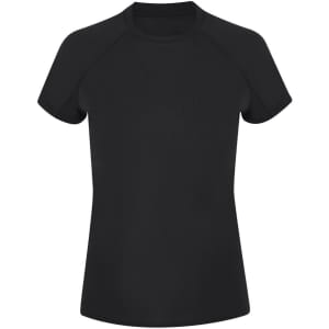 A black women's t-shirt with short sleeves and a fitted design, featuring a logo on the front.
