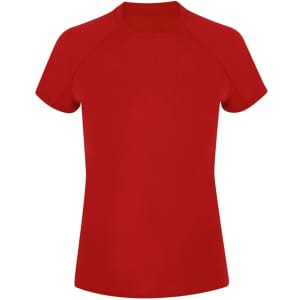 A red women's T-shirt with short sleeves and a rounded neckline. It features a logo on the front.