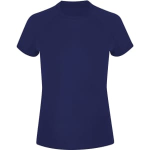A navy blue women's T-shirt with short sleeves and a fitted design. The shirt features a logo.