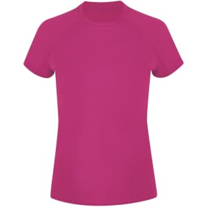 A pink women's t-shirt with short sleeves, featuring a simple design and a logo.