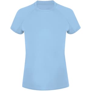 A light blue women's t-shirt with a round neckline and short sleeves, featuring a logo.