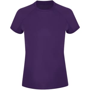 A purple women’s T-shirt with a round neckline and short sleeves. It features a logo on the front.
