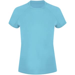 A light blue women's T-shirt with short sleeves and a rounded neckline, featuring a logo.