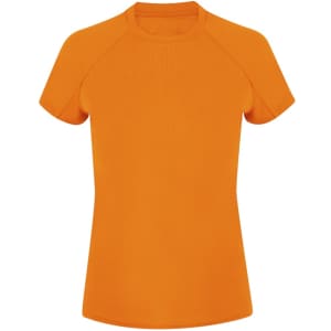 An orange women's t-shirt with short sleeves, featuring a rounded neckline and a simple design.