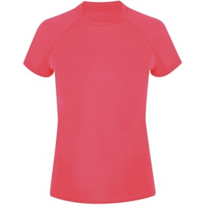 A short-sleeved women's T-shirt in bright pink, featuring a fitted design and raglan sleeves. It has a logo.